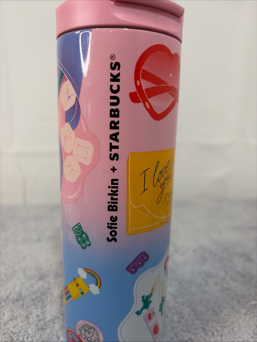 Starbucks+Sophie Birkin Pink and Blue Sticker-Print Travel Tumbler